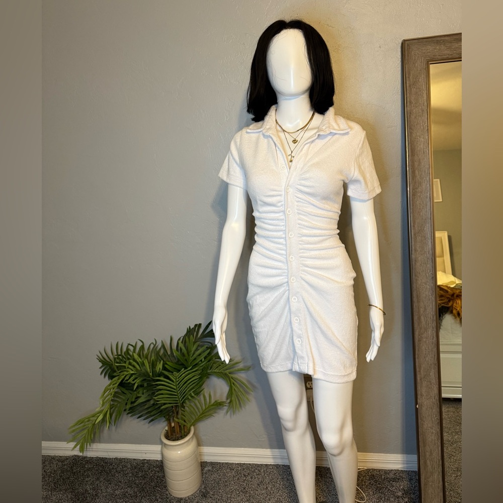 PrettyLittleThing White Ruched Button-Up Mini Dress